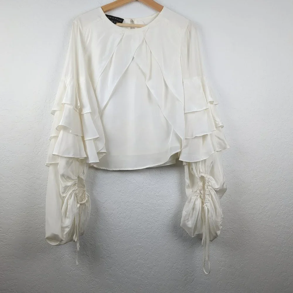 Adria Moss Tiered Ruffle White Blouse Long Sleeve 6